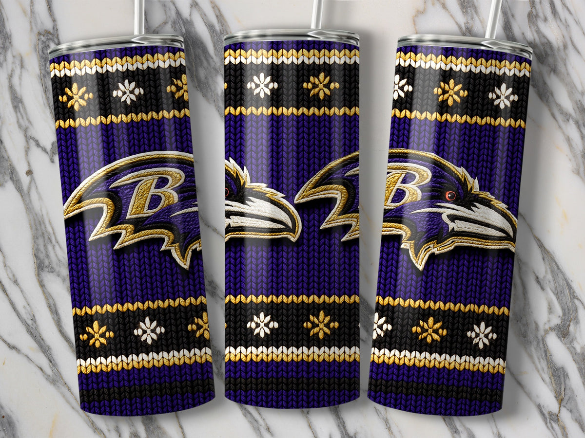 Three tumblers with Baltimore Ravens logo and winter knit pattern.