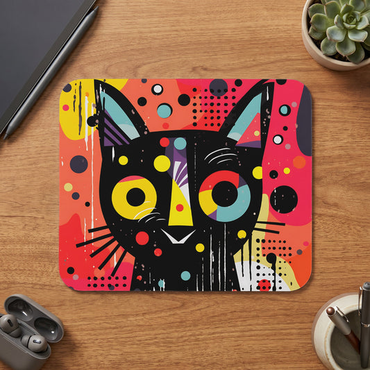 Abstract black cat face design on a square mat with rounded corners.