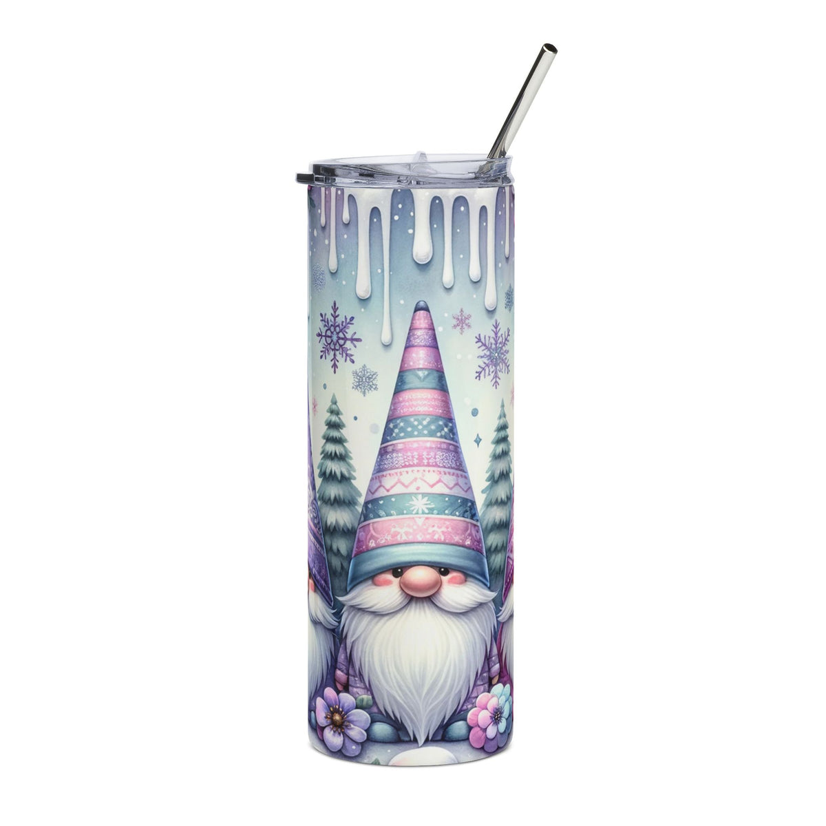 Tumbler with cute gnomes, snowflakes, trees, and flowers, featuring a metal straw.