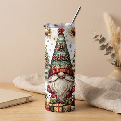 Tumbler with a watercolor gnome, Christmas trees, and gifts.