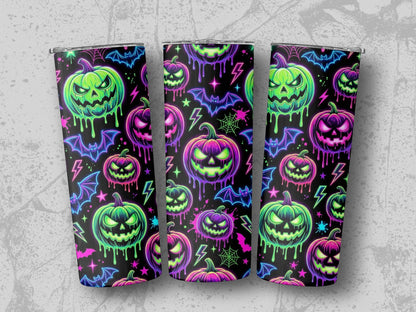 Three tumblers with a glowing neon Halloween pattern of pumpkins, bats, and lightning.