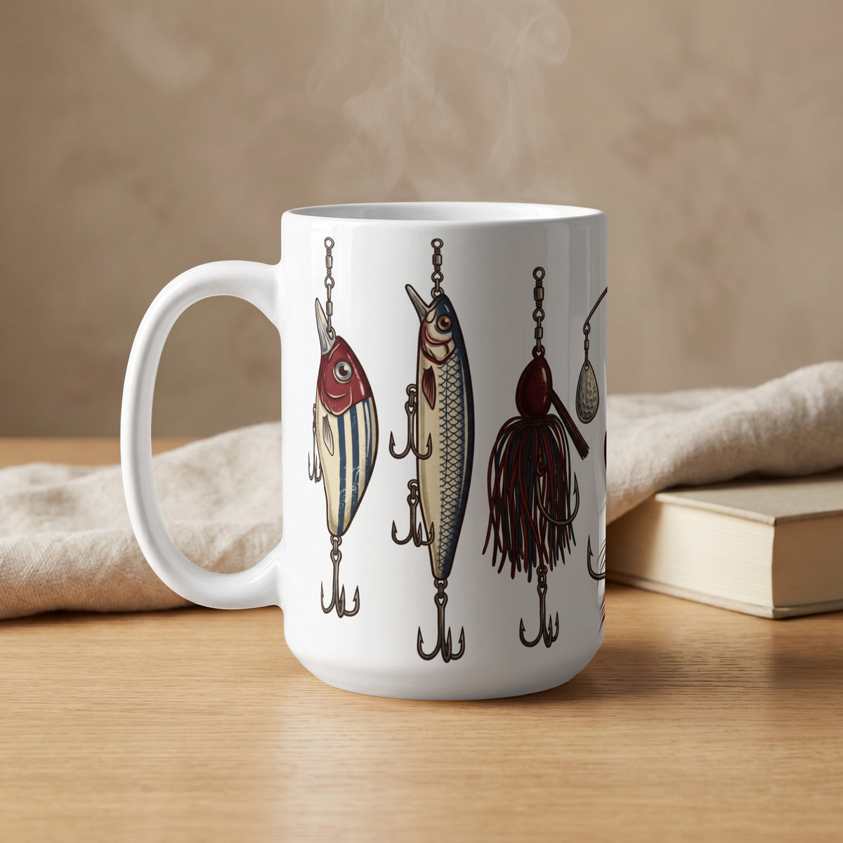 White mug with fishing lures printed on the side, steam rising.