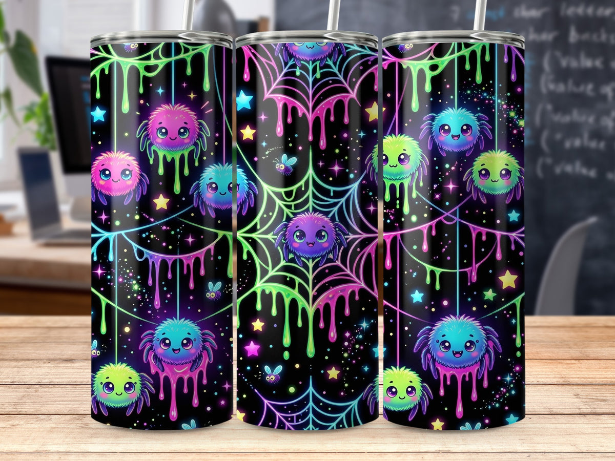 Tumbling colorful spiders and stars on a black background with neon drips.