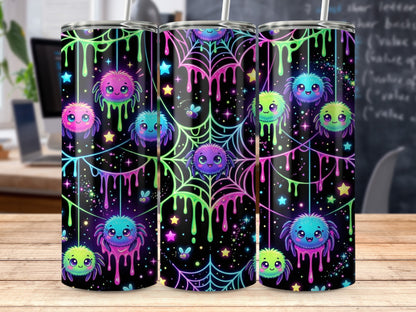 Tumbling colorful spiders and stars on a black background with neon drips.