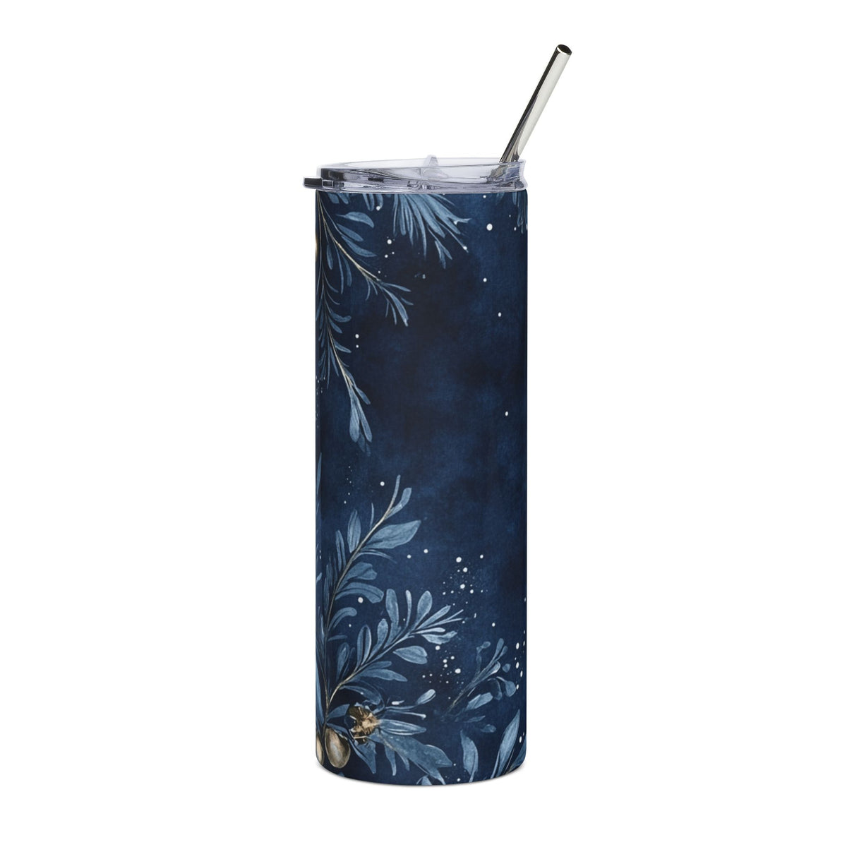 Dark blue tumbler with blue botanical leaves and gold accents, featuring a straw.
