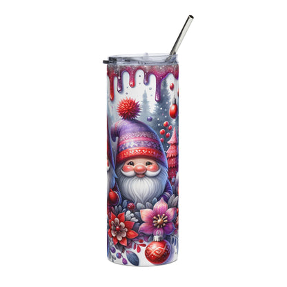 Tumbler with a gnome, winter forest, and Christmas ornaments design.
