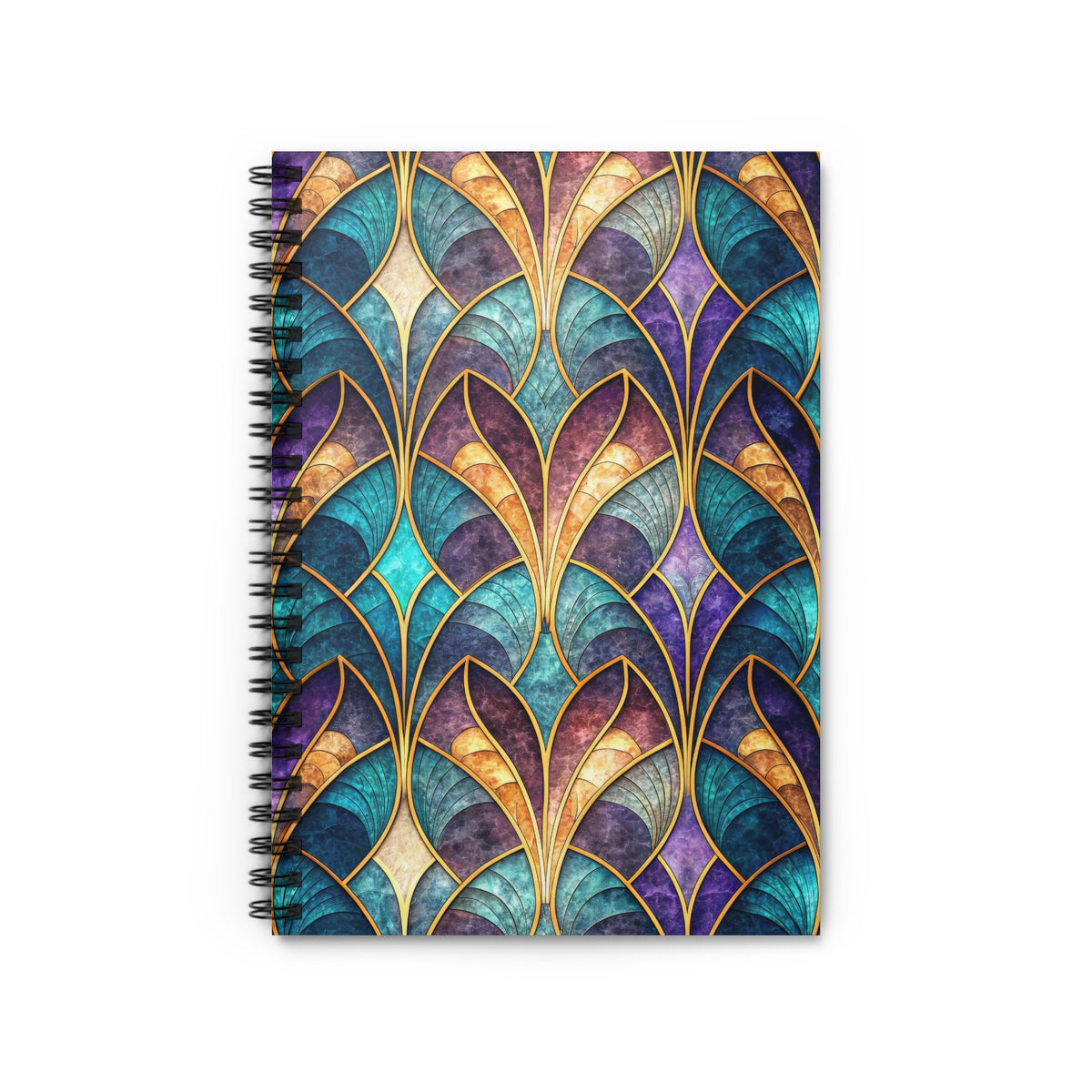 Spiral bound notebook with a gold-lined abstract geometric pattern in purple, blue, and orange.