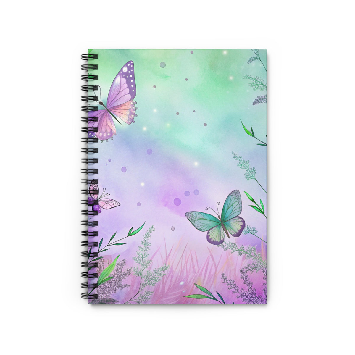 Spiral bound notebook with watercolor butterflies and floral accents on a purple and green background.