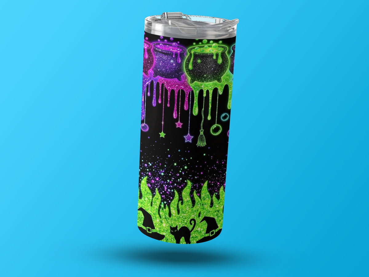 Tumbler with Halloween theme: cauldrons, black cat, witch hats, and stars.