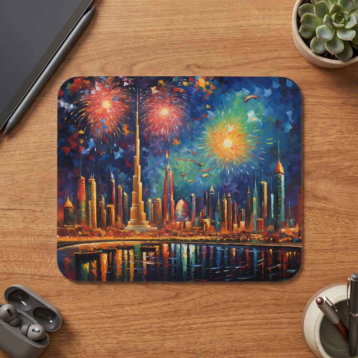 Abstract painting of Dubai skyline with fireworks reflected in the water.