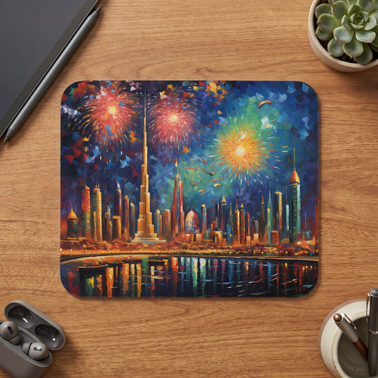 Abstract painting of Dubai skyline with fireworks reflected in the water.