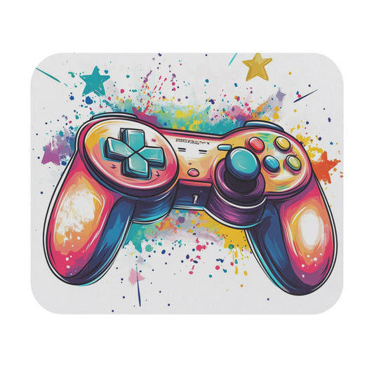 Colorful video game controller with abstract paint splatters and stars.