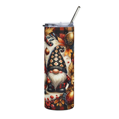 Tumbler with gnome, plaid, autumn leaves, and festive ornaments design.