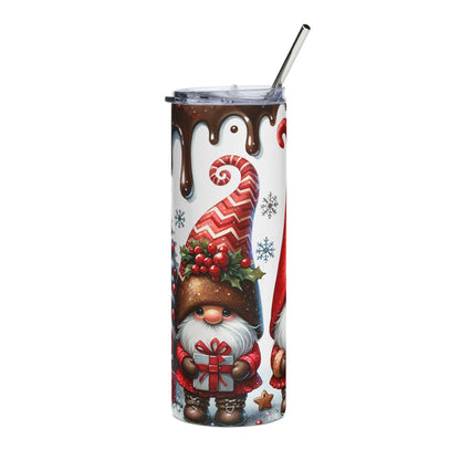 Tumbler with chocolate drizzle and festive gnomes holding gifts, snowflakes.