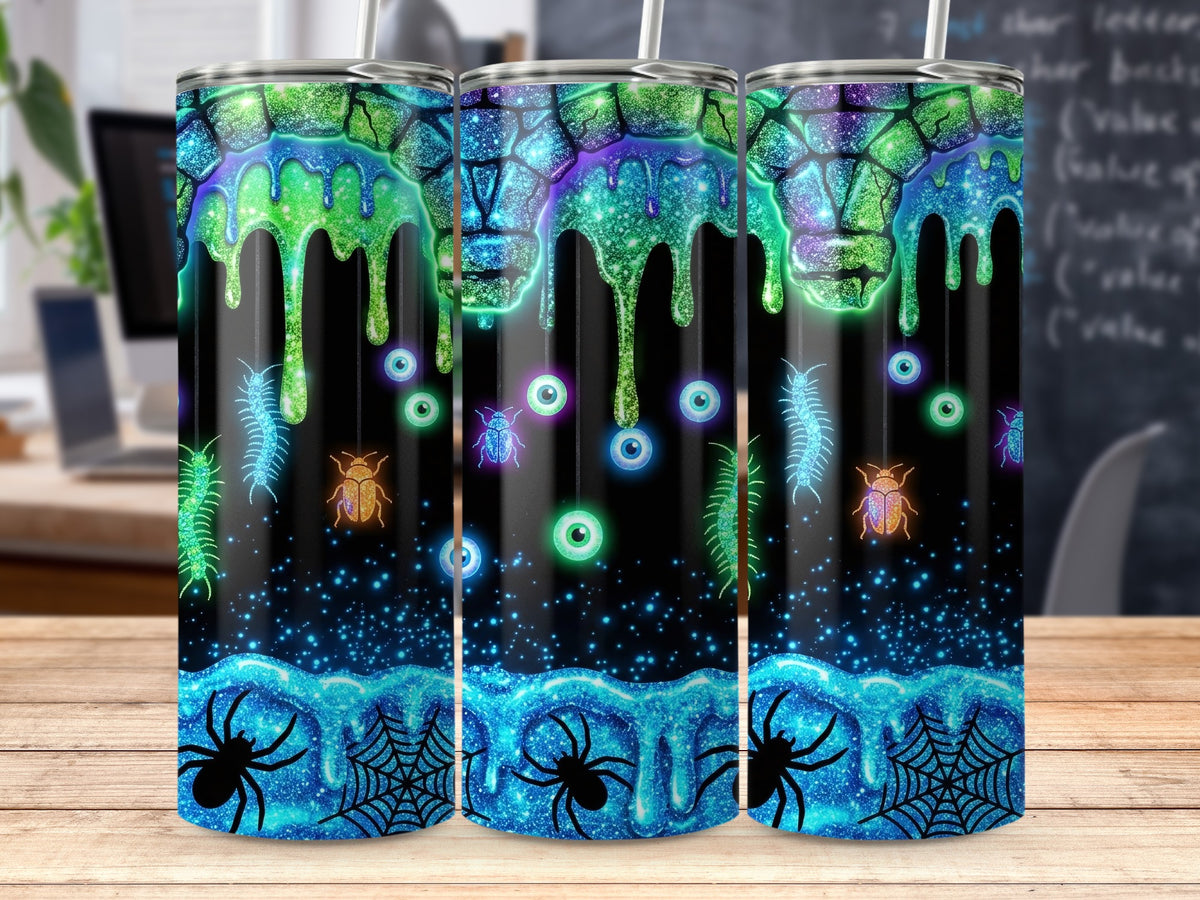 Tumblers with glittery slime, creepy crawlies, eyeballs, spiders, and spiderwebs.