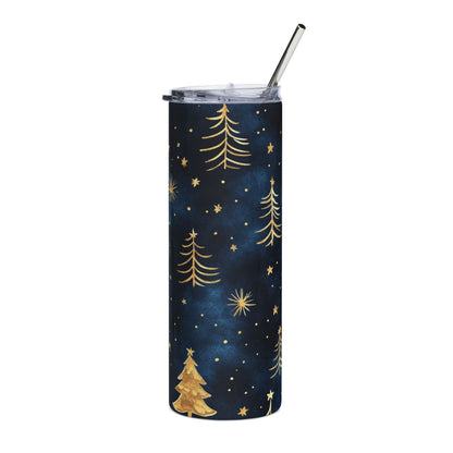 Dark blue tumbler with gold Christmas trees and stars pattern, includes straw.