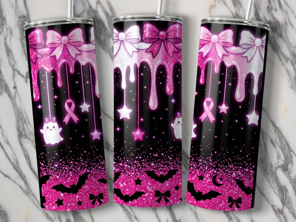 Three tumblers with pink glitter, bows, dripping effect, ghosts, stars, and bats.