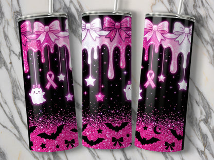 Three tumblers with pink glitter, bows, dripping effect, ghosts, stars, and bats.