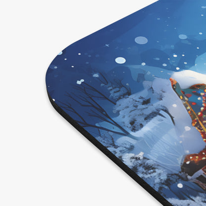 Winter scene with a figure in colorful clothing and snowy trees.