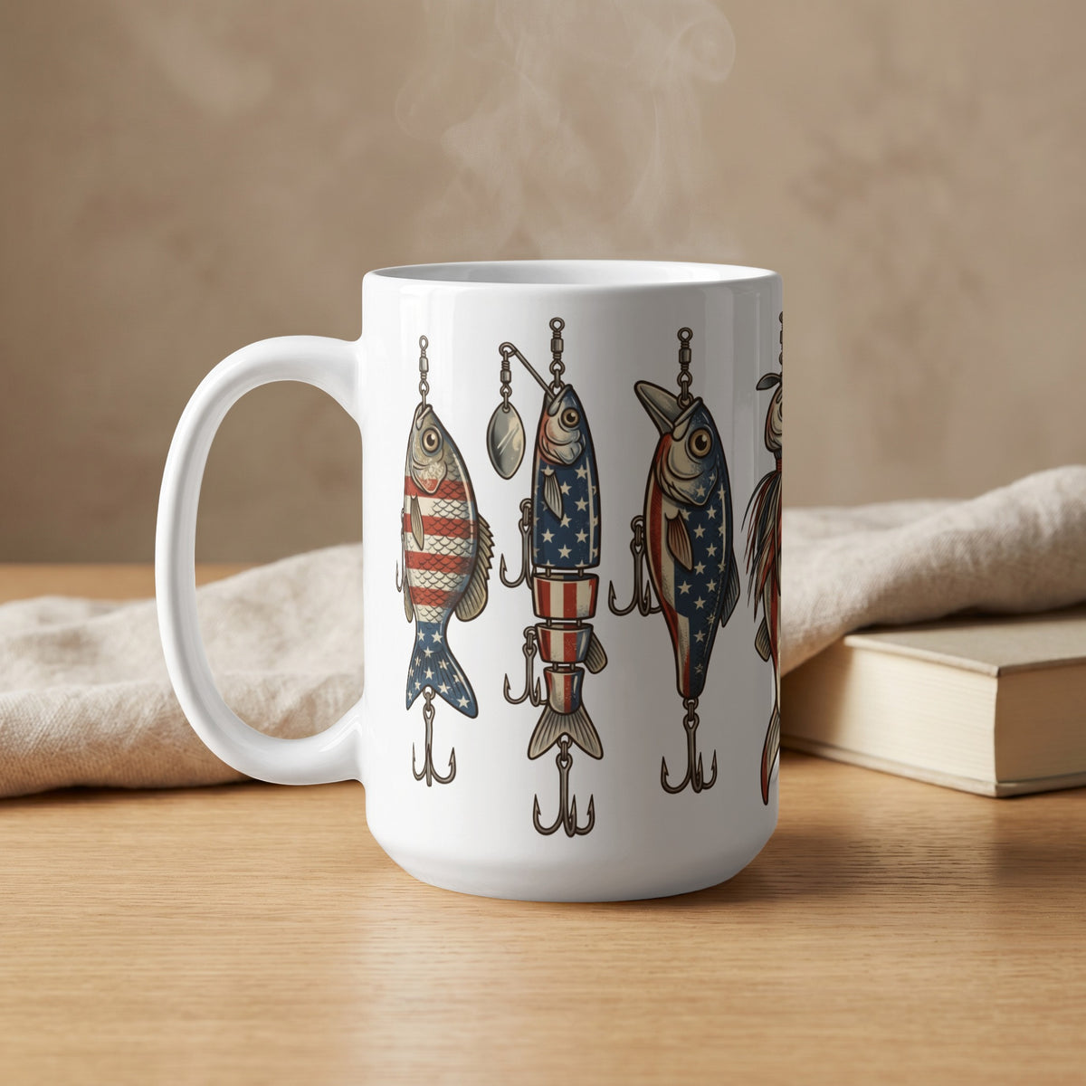 White mug with a vintage fishing lure design featuring American flag patterns.