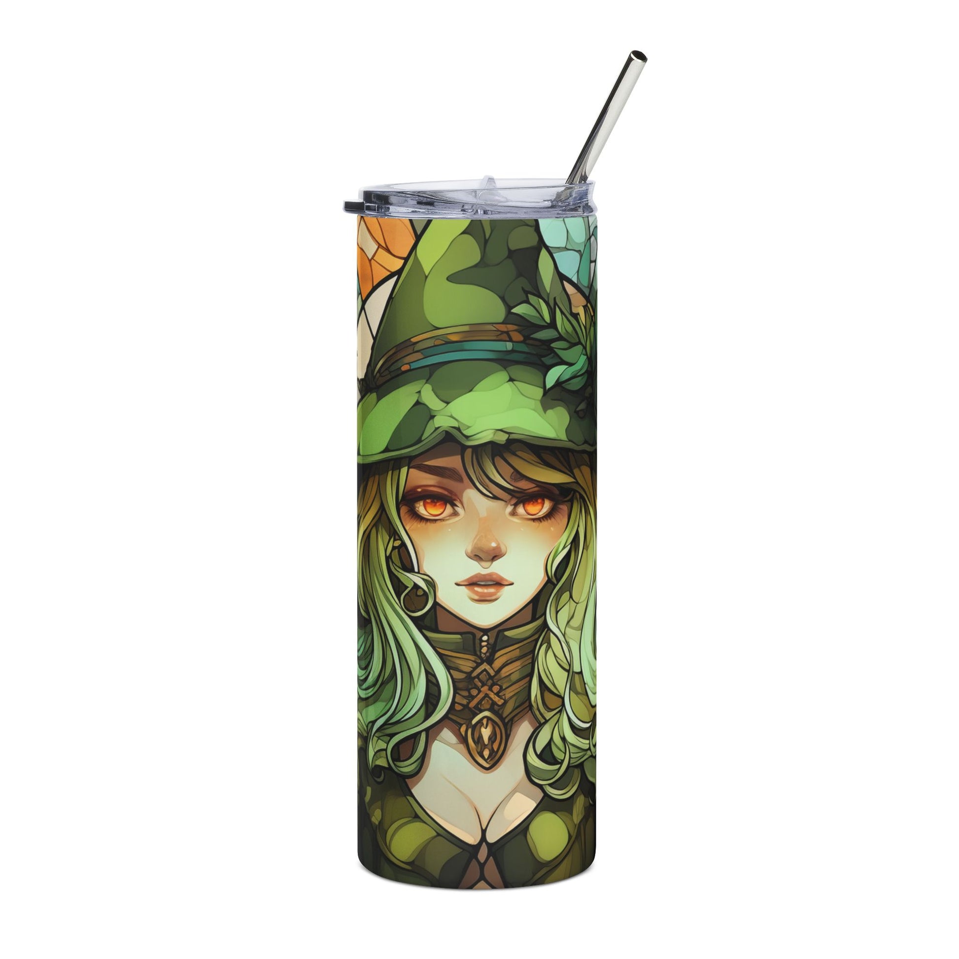 Green witch tumbler with stained glass style art and a silver straw.