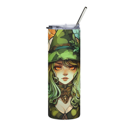 Green witch tumbler with stained glass style art and a silver straw.