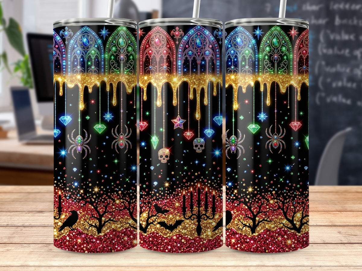 Three tumblers with a Halloween theme featuring stained glass windows, spiders, skulls, bats, and candelabras.