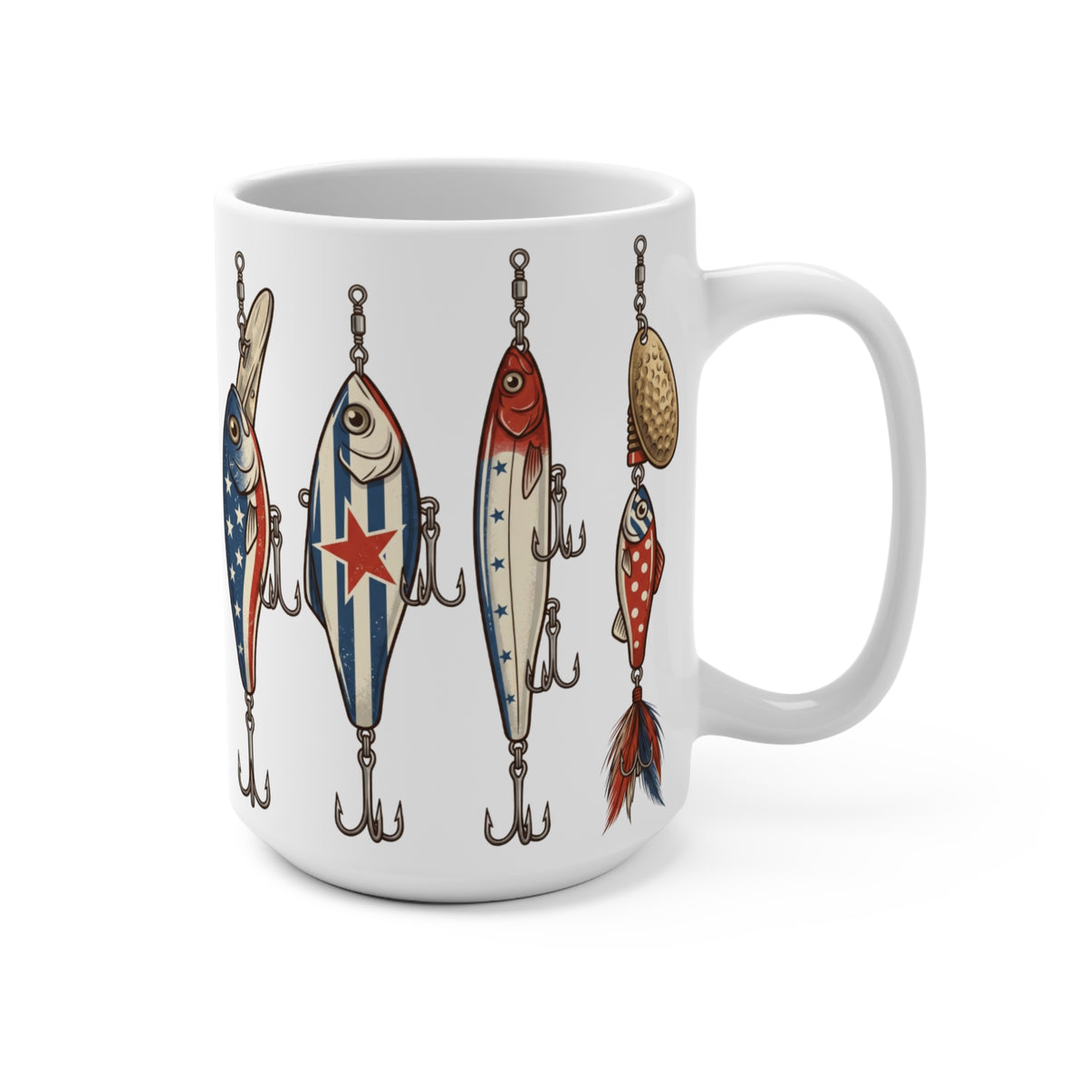 White mug with patriotic fishing lures and a gold spinner bait.