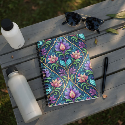 Spiral notebook with ornate floral pattern on a wooden bench with water bottles and sunglasses.