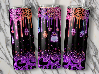 Three tumblers with a spooky baby shower design including ghosts, bats, and pacifiers.