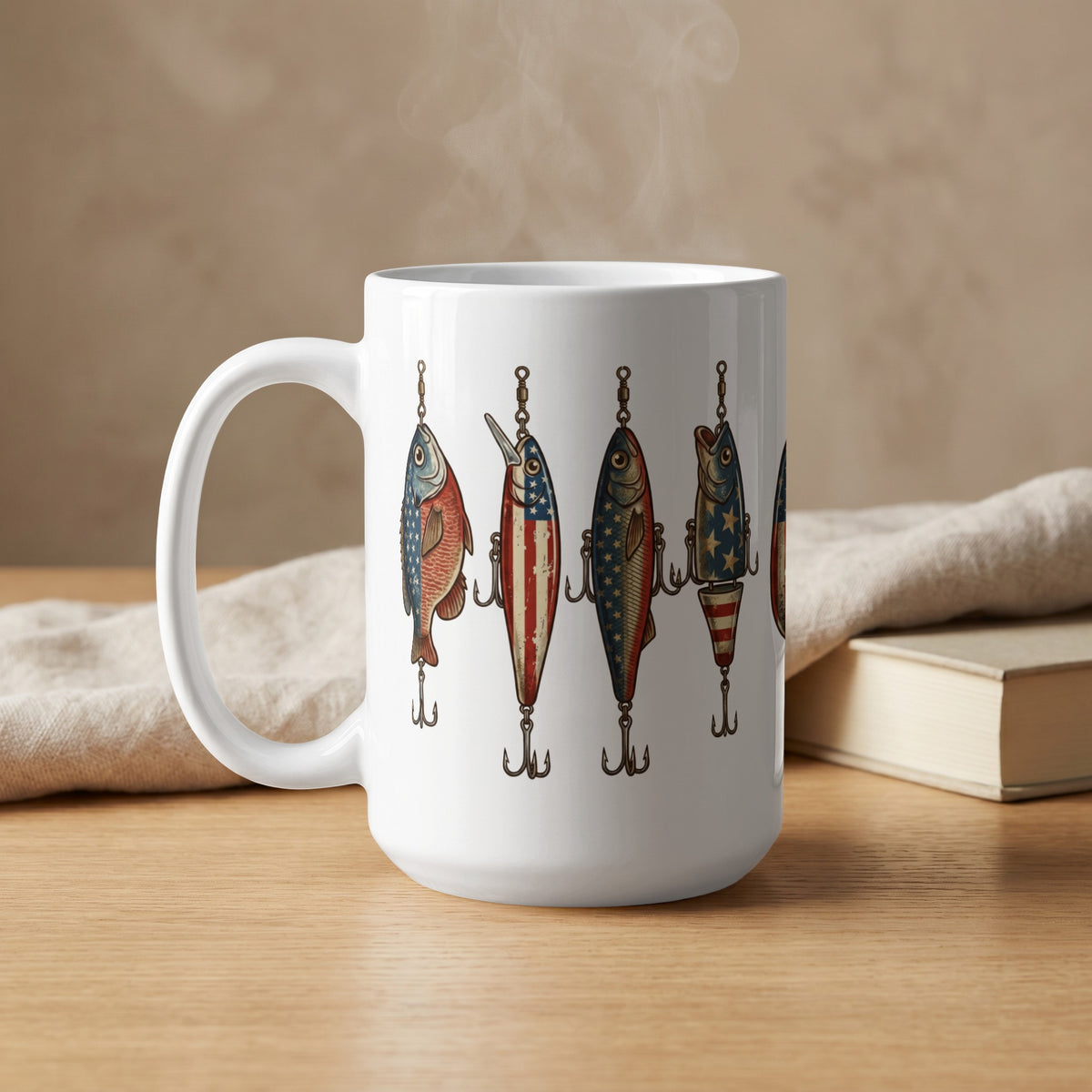 White mug with a graphic of fishing lures decorated with American flag patterns.