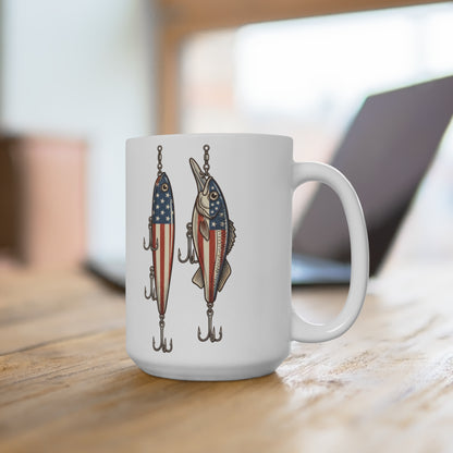 White mug with two fishing lures decorated with the American flag pattern.