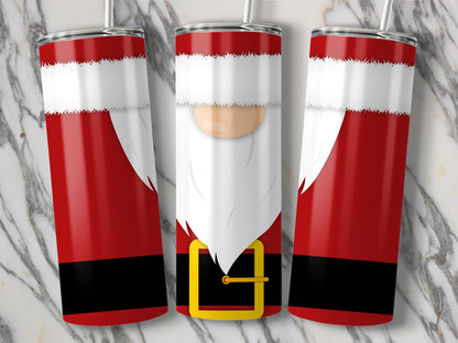 Three Santa-themed tumblers with white beards, red suits, and black belts displayed against a marble background.