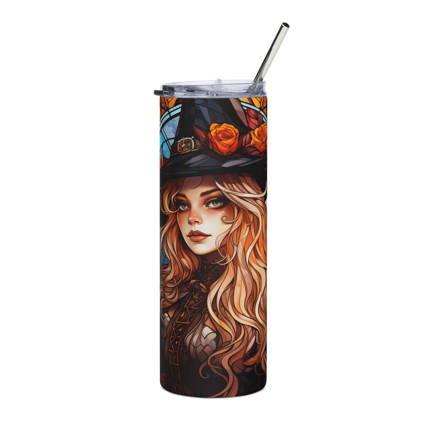 Tumbler with stained glass style art of a witch with long blonde hair and orange roses.