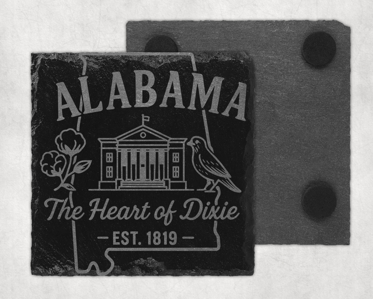 Slate coaster with "Alabama The Heart of Dixie Est. 1819" engraved design.