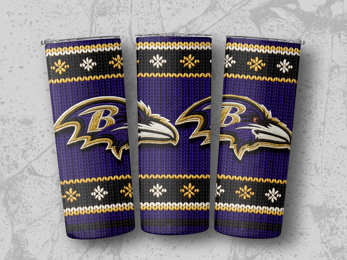 Three tumblers with Baltimore Ravens logo and snowflake pattern design.