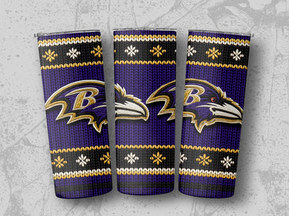 Three tumblers with Baltimore Ravens logo and snowflake pattern design.