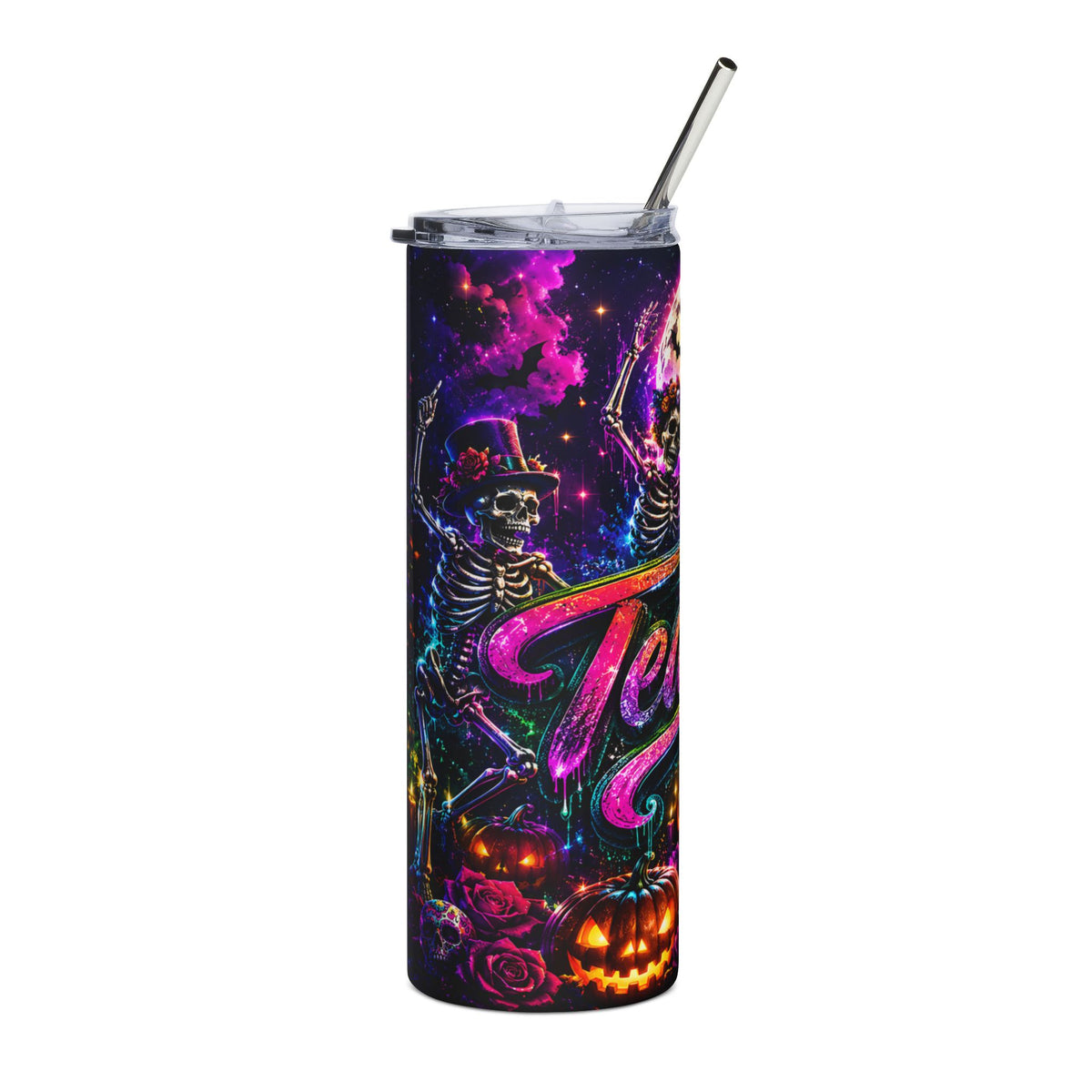Tumbler with skeletons, pumpkins, and roses in a colorful, starry Halloween scene.