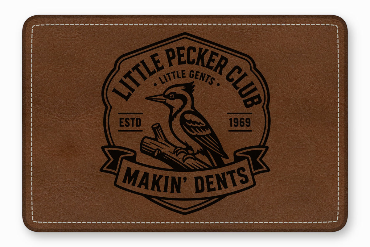 Brown rectangular leather patch with rounded corners, white perimeter stitching, and a debossed black Little Pecker Club logo.
