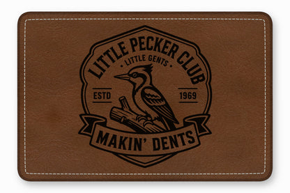 Brown rectangular leather patch with rounded corners, white perimeter stitching, and a debossed black Little Pecker Club logo.