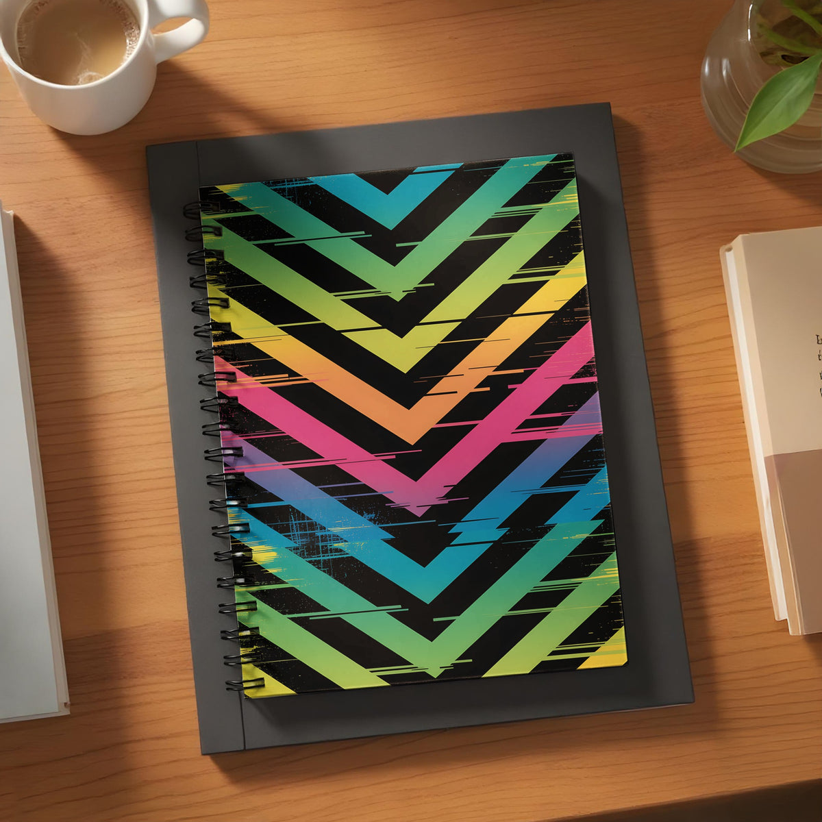 Spiral notebook with colorful chevron pattern on black background.