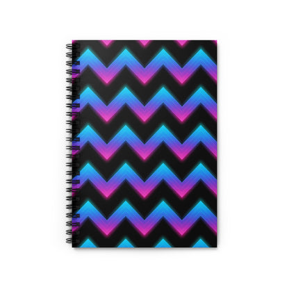 Spiral notebook with a black cover featuring a neon zig-zag pattern in pink and blue.