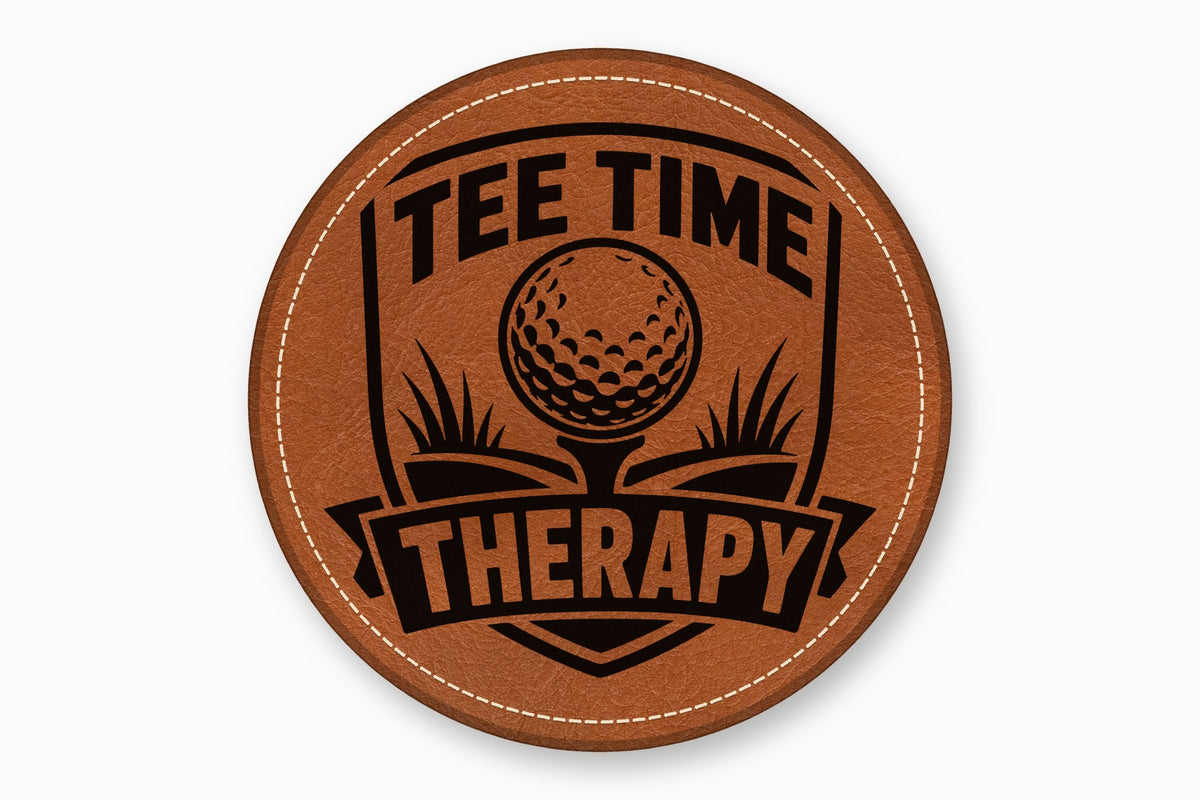 Round brown leather patch with white stitched border, featuring a black golf graphic and the text Tee Time Therapy.