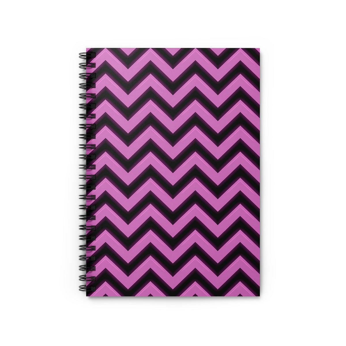 Spiral bound notebook with a pink and black chevron pattern.