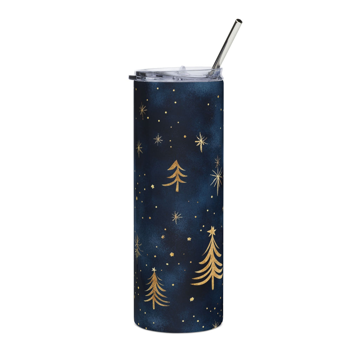 Dark blue tumbler with gold Christmas trees and stars, and a silver straw.