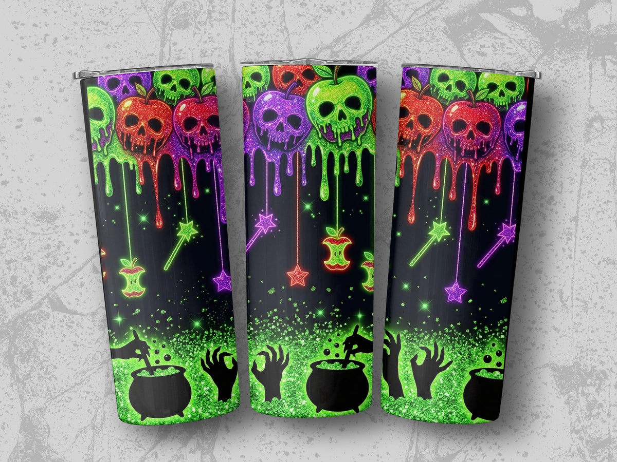 Halloween tumblers with dripping skull apples, cauldrons, and witch hands.