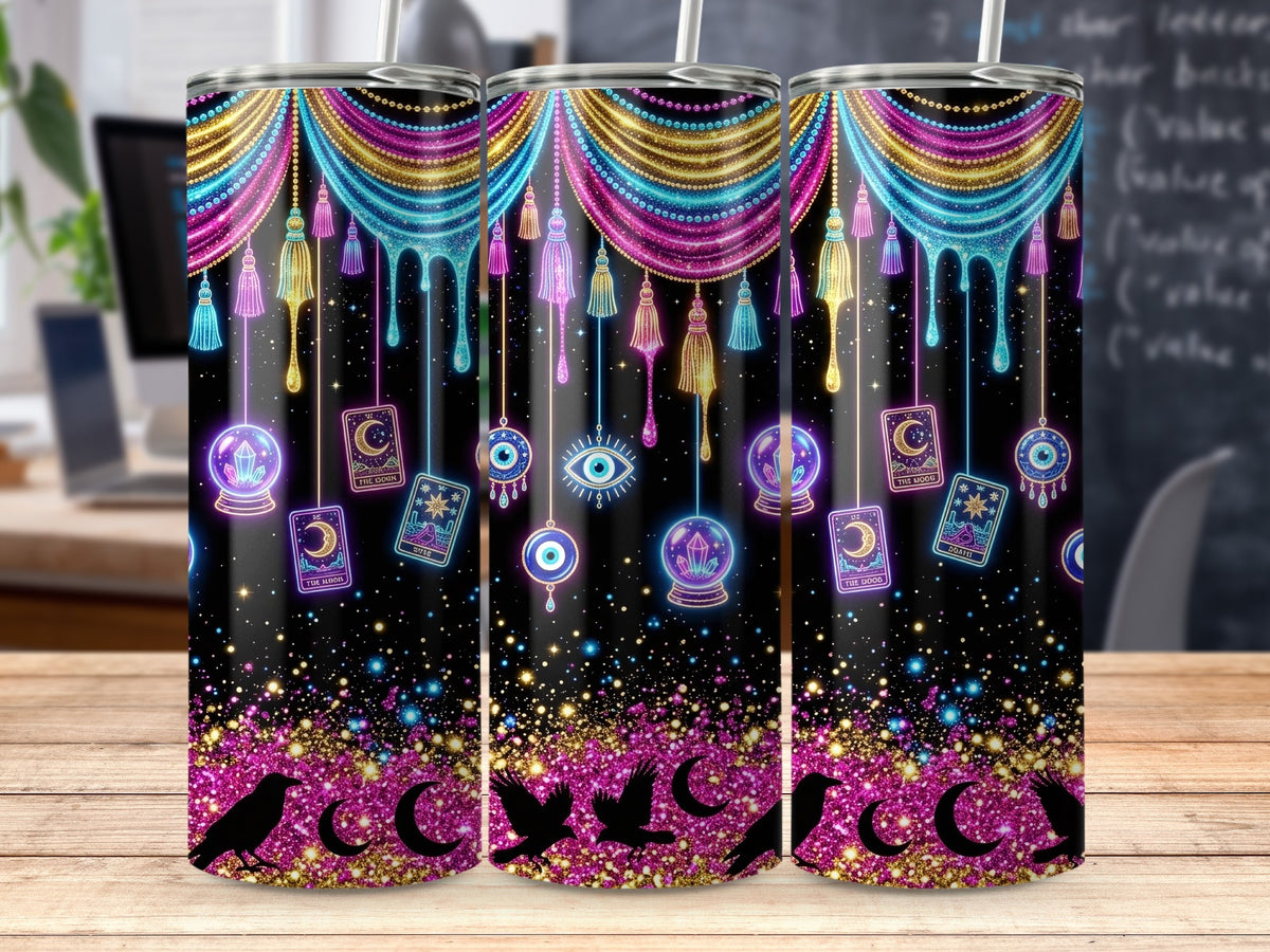 Tumbler with celestial, tarot card, and mystic eye design, glitter accents.