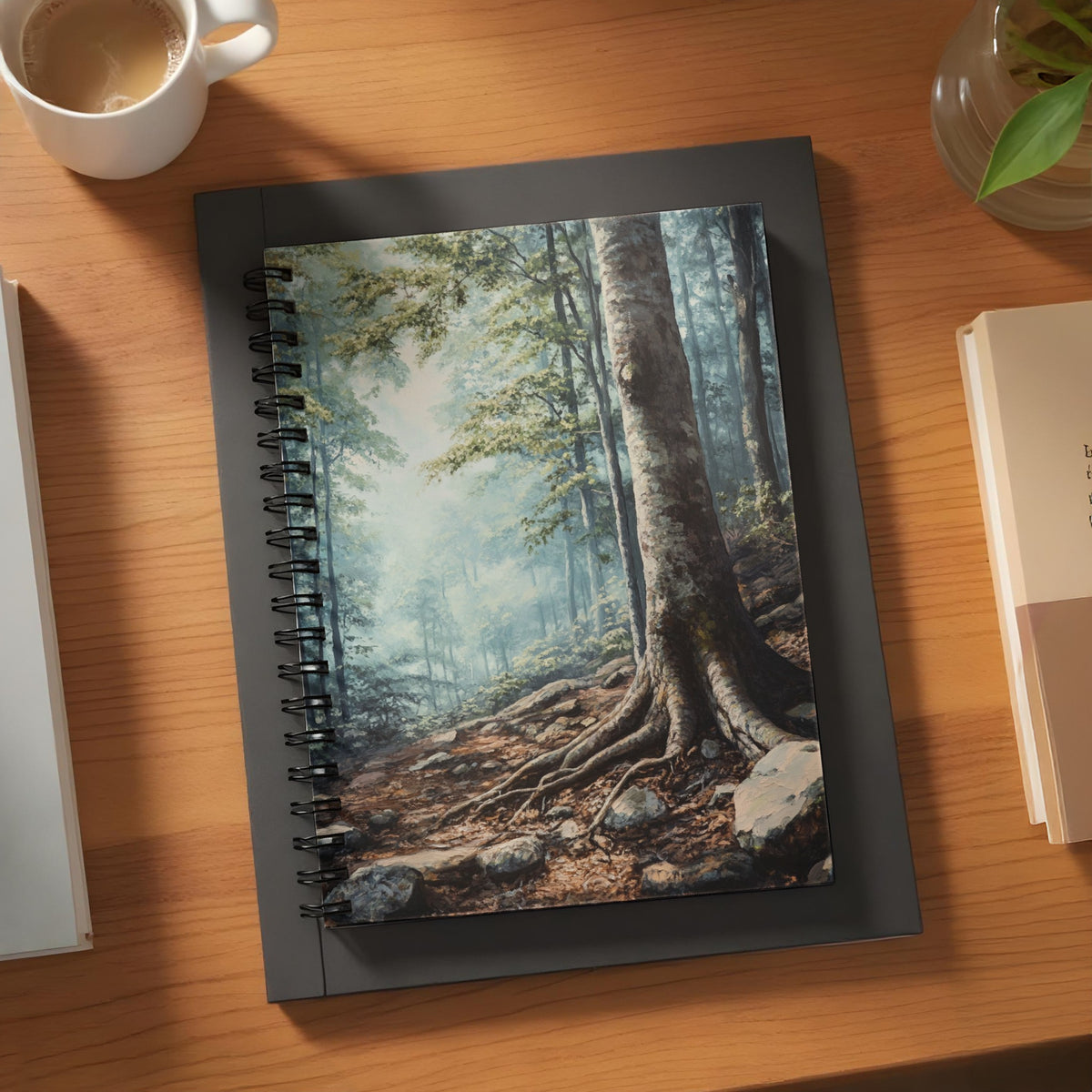 Spiral notebook with a painting of a misty forest floor and large tree roots.