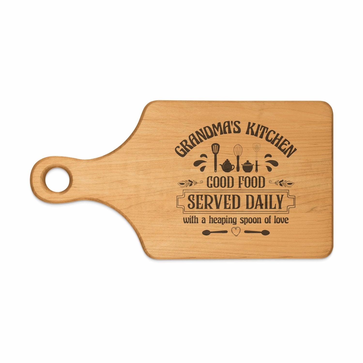 Wooden cutting board with "Grandma's Kitchen Good Food Served Daily" engraving.