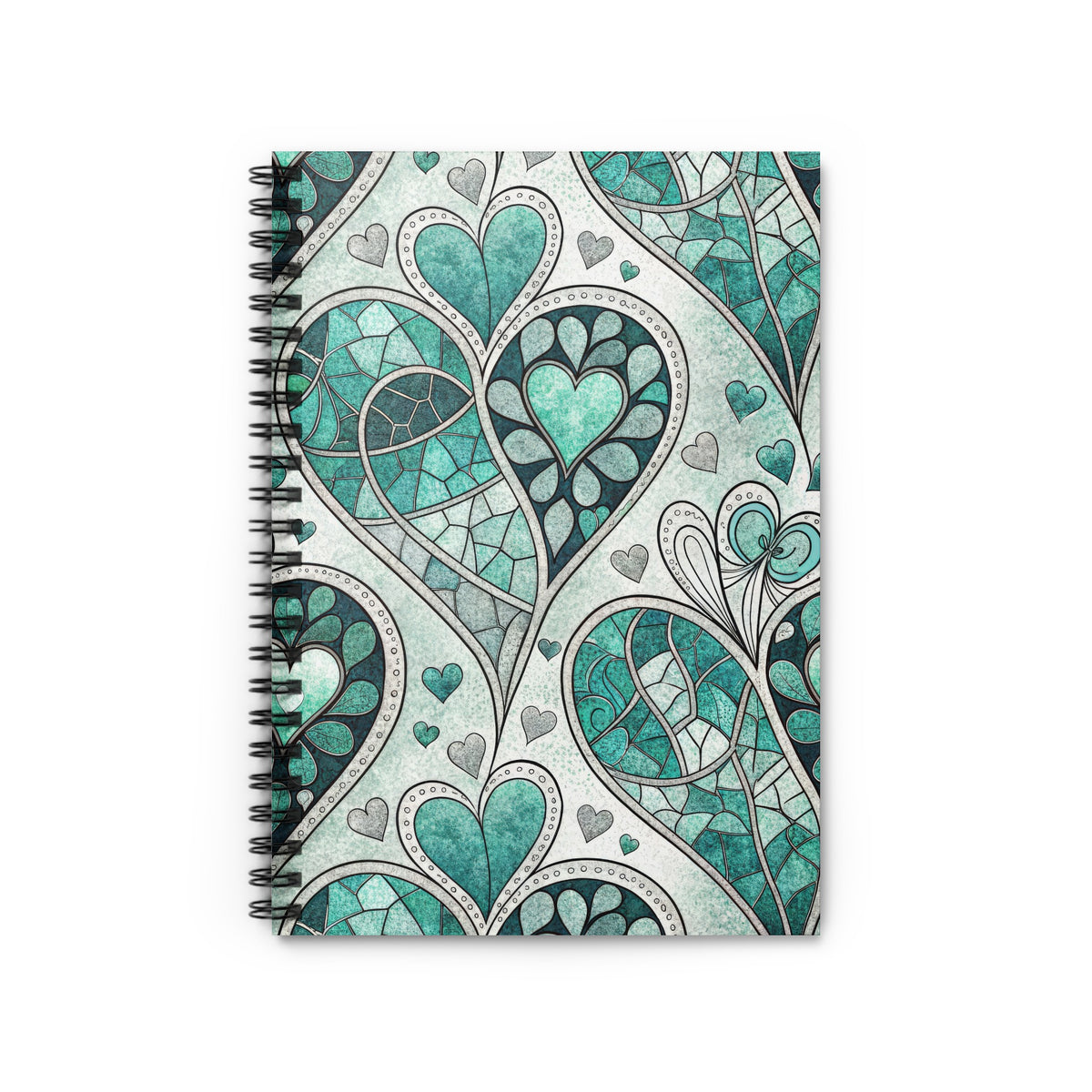 Spiral notebook with teal and grey heart pattern and stained glass design.